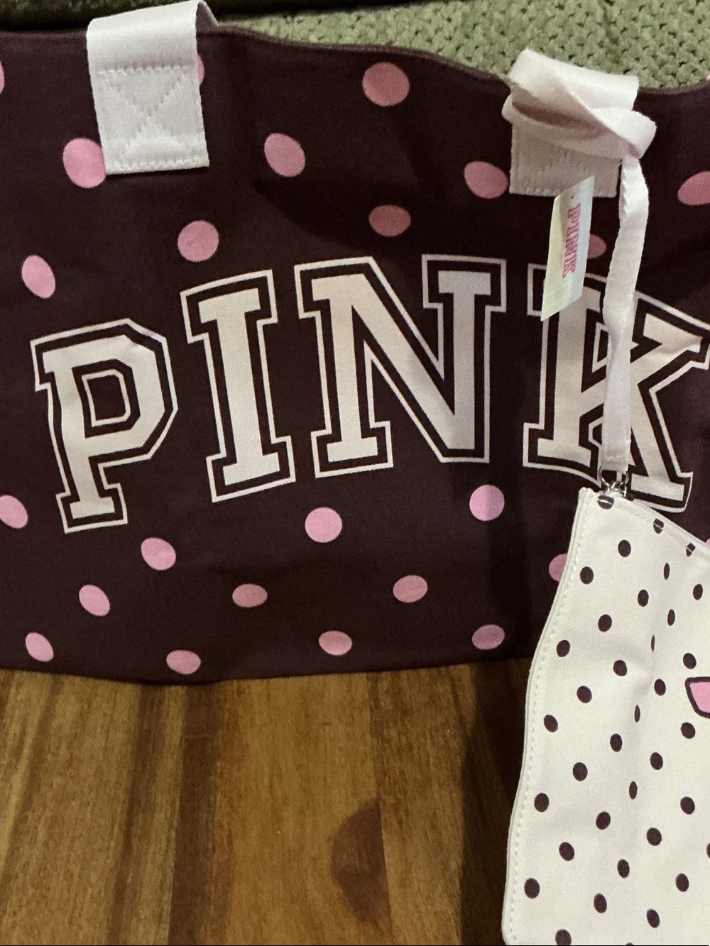 PINK Victoria's Secret Brown Tote with Pink Polka Dots and Matching Pouch nwt - Picture 2 of 8